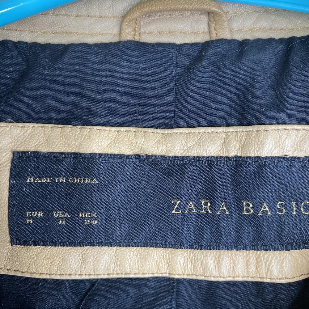 Zara Jacket Womens Medium Beige Black Leather Moto Asymmetrical Lambskin Cafe - Picture 5 of 10